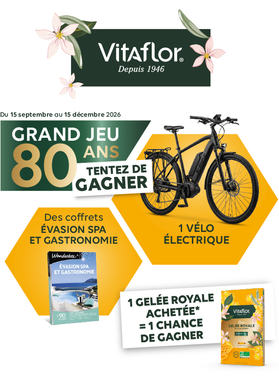 Vitaflor - Du 15 septembre au 15 décembre 2026 - Grand jeu 80 ans - Tentez de gagner 1 vélo électrique et des coffrets Evasion SPA et gastronomie - 1 gelée royale achetée* = 1 chance de gagner